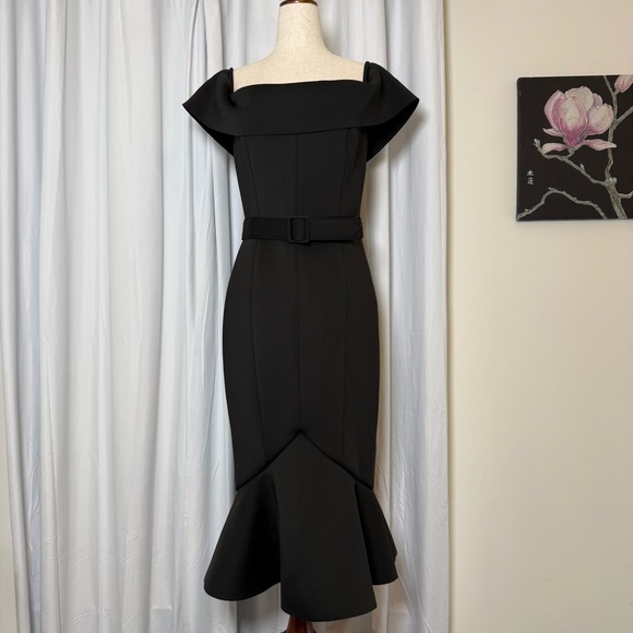 Badgley Mischka Dresses & Skirts - Badgley Mischka Off Shoulder Belted Scuba Dress Black NWT Size 8